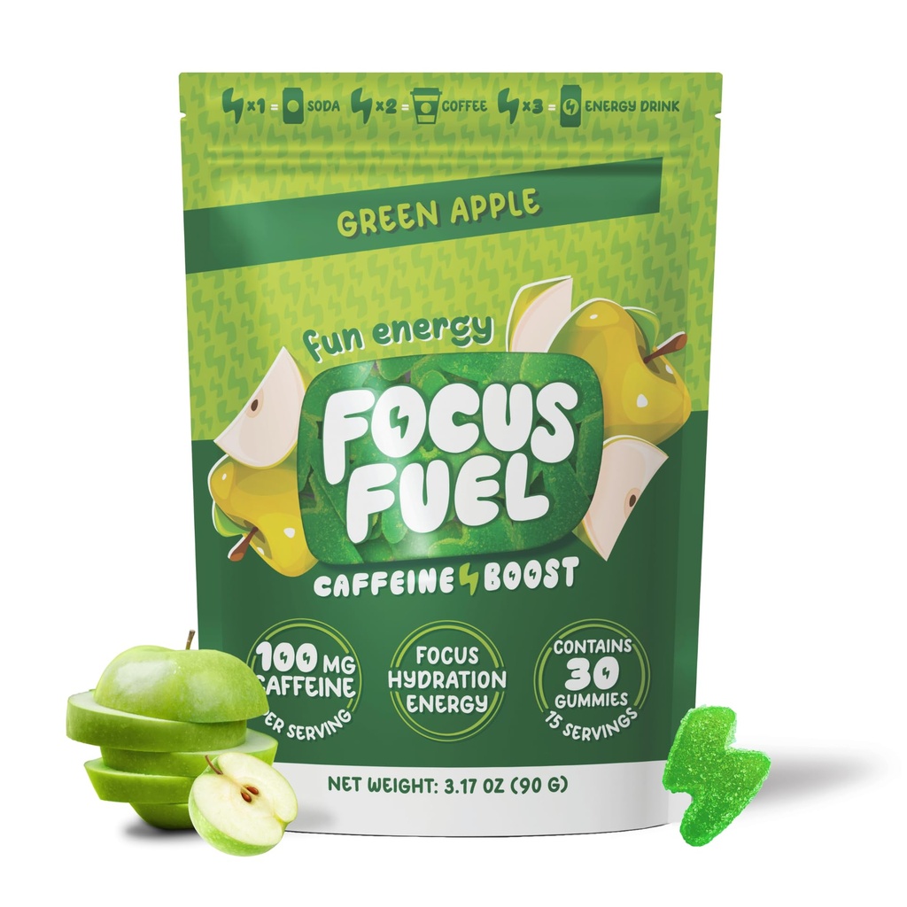 FocusFuel Energy Chews – 그린 애플 맛 (15 서빙) – 100mg 카페인 + B12, 마그네슘, 알파 GPC – 부스트 포커스 & 에너지 – 충돌이나 지터 없음