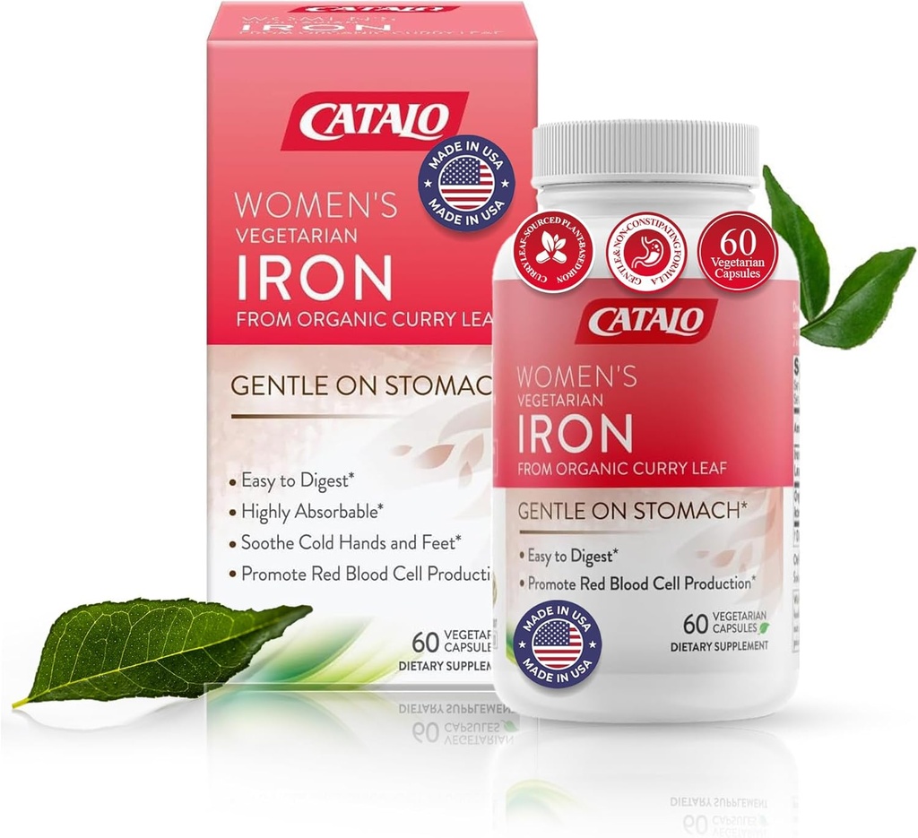 유기농 카레 리프가있는 여성을위한 CATALO 철 보충 - Gentle, 높은 흡수, 채식주의 친화적 인, Stomach-Easy Formula - 60 정제
