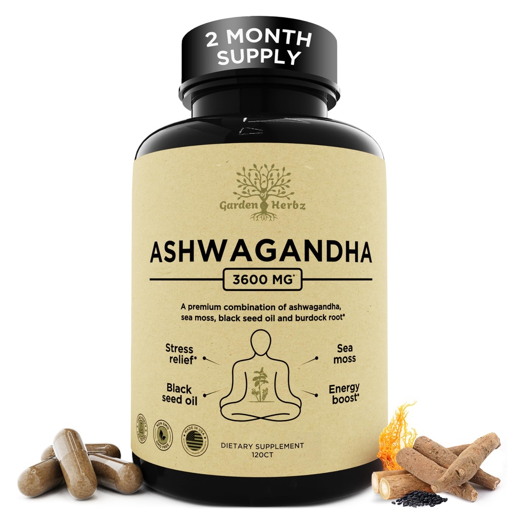 유기 Ashwagandha 뿌리 & 아일랜드어 바다 모스 - 3,600 블랙 씨 오일, & Burdock 뿌리와 mg Ashwagandha 보충 - 에너지, 캘름, 무드, & 웰빙, 120 캡에 대한 초본 보충