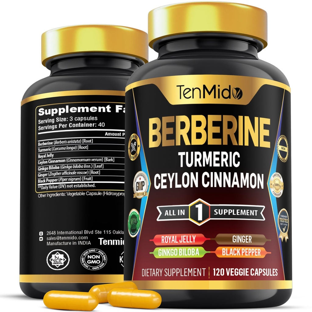 Berberine 보충교재 - 7in1 공식 - Turmeric, Royal Jelly, Ceylon Cinnamon, Ginkgo Biloba, Ginger & Black Pepper와 결합 - 소화 건강, 면역 지원 - 120의 캡슐