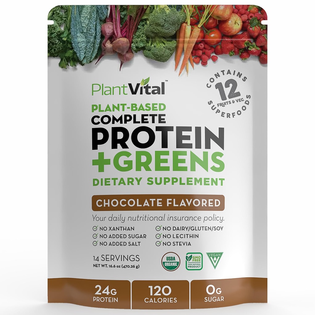 Plantvital Vegan 단백질 분말 식물 기반, 유기 단백질 분말 초콜릿 24g / 0g 설탕, 12 Superfoods, Veggies, Probiotics, Raw Cocoa, Kale, Beets, Spirulina, Pea, Gluten-Free, Keto-Friendly, 16oz