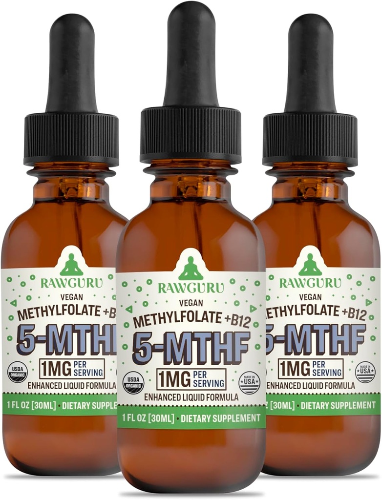RawGuru Methylfolate 1mg+ Vitamin B12 - Trace Minerals - 나노 가공 및 향상된 액체 포뮬러 - 30 ml 당 Vegan Drops의 300 서빙, 3 팩