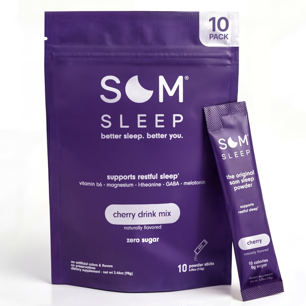 Som Sleep, Restful Sleep Powder Drink Mix w/Melatonin, 마그네슘, 비타민 B6, L-Theanine & GABA – Vegan, Zero Sugar, Keto Friendly – Cherry, 10-Pack
