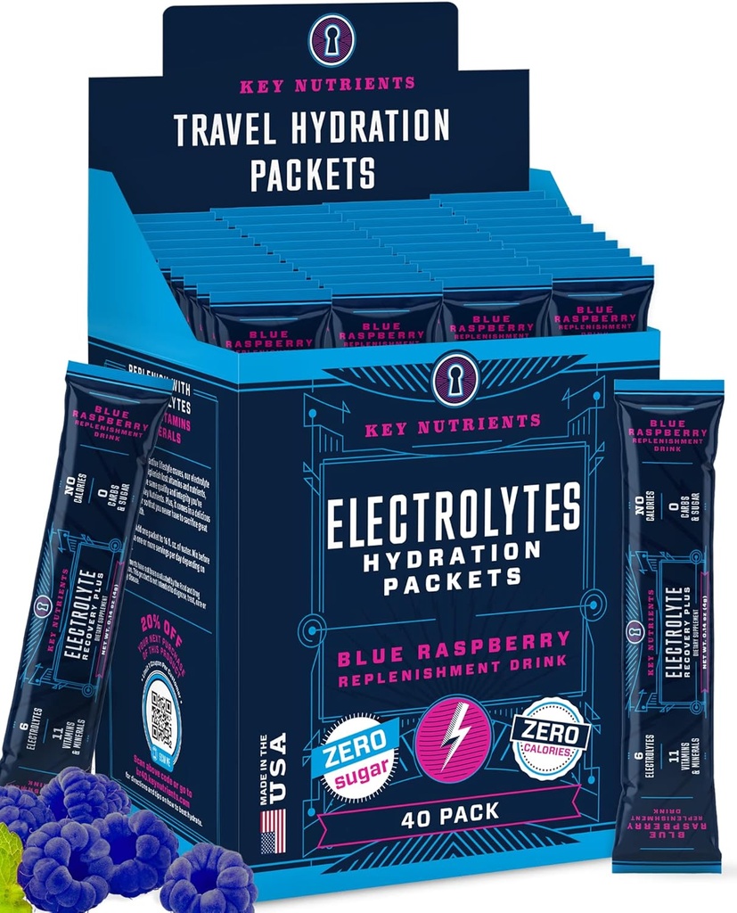 KEY NUTRIENTS Electrolytes 파우더 패킷 - 맛있는 블루 라즈베리 40 팩 히드라 션 패킷 - 여행 히드라 션 파우더 - 설탕 없음, 칼로리 없음, 글루텐 무료 - Made in USA
