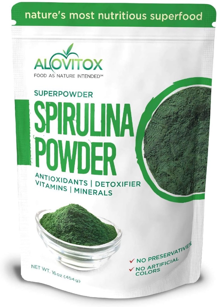 Alovitox 유기 Spirulina 분말 | 산화 방지제, 단백질, 비타민 A 및 B, 섬유, 오메가 3, 6 & 9-100% 유기, 첨가물/색깔, 글루텐 없음, 비 GMO (1 lb)를 가진 영양성 조밀한 Superfood