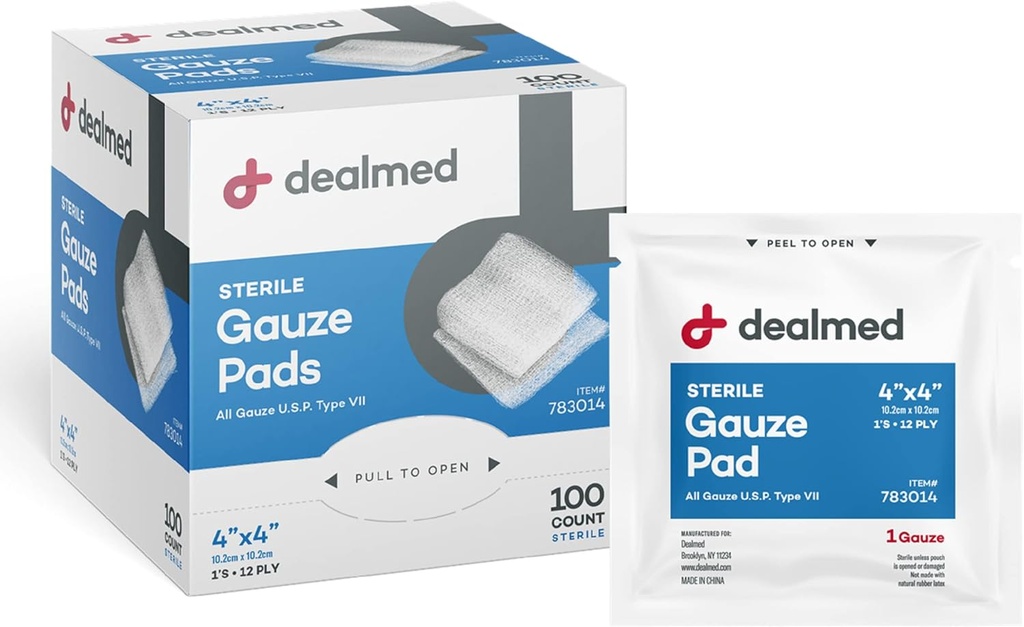 Dealmed 4" x 4" Sterile Gauze 패드 (100개의 조사) 처분할 수 있고 개인적으로 감싸인 의학 가제 패드, 응급조치 장비와 의학 시설 (패키지 1)를 위한 부상 배려 제품