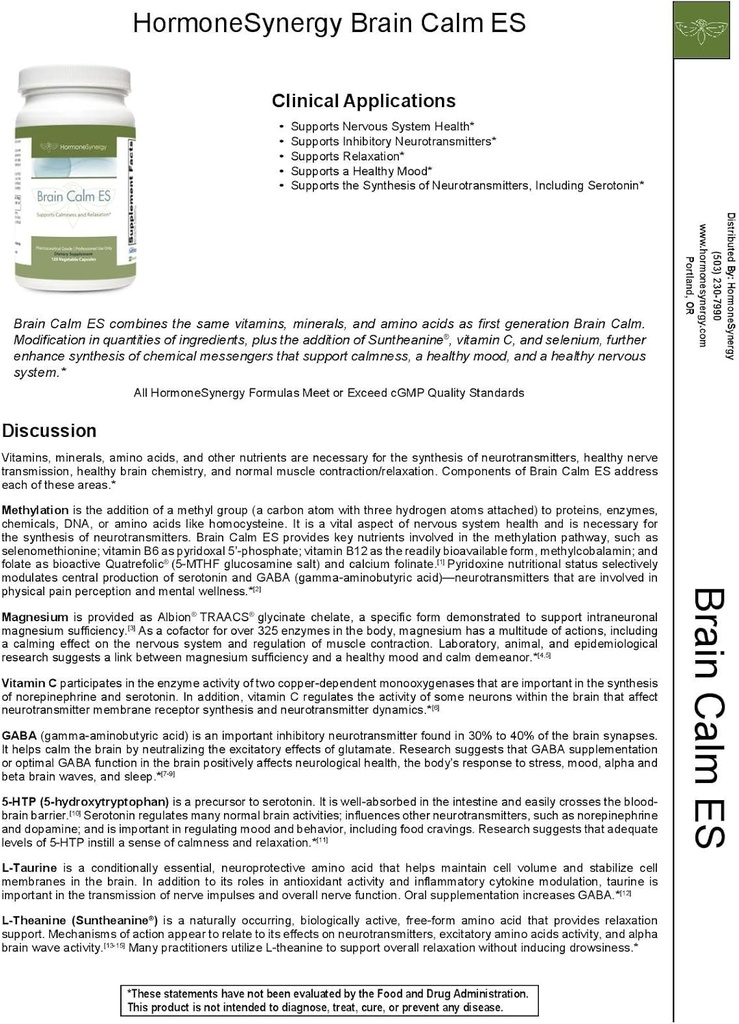 HormoneSynergy RetzlerRx® Brain Calm ES - Calmness & Relaxation에 대한 궁극적 인 지원 - L-Theanine (Suntheanine®) - TRAACS® Albion® 킬레이트 미네랄 - GABA - 5-HTP - L-Taurine - 120 V-Caps