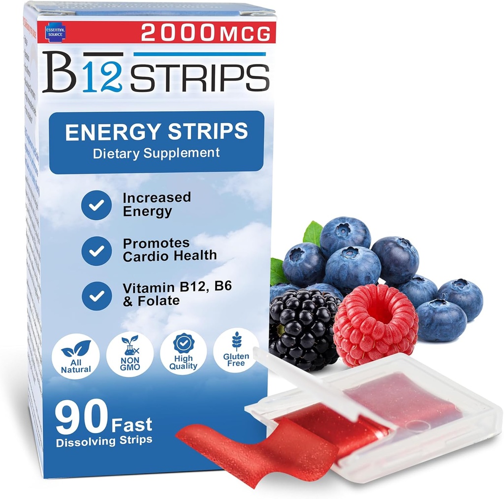 필수 소스 2,000 mcg Methylcobalamin 비타민 B12 하위 언어 에너지 지구 | Biotin, B6, 5-MTHF L-Methylfolate | 하위 언어 B12 비타민, Folate | 에너지, 두뇌 건강, Nerve 기능 - 90 스트립