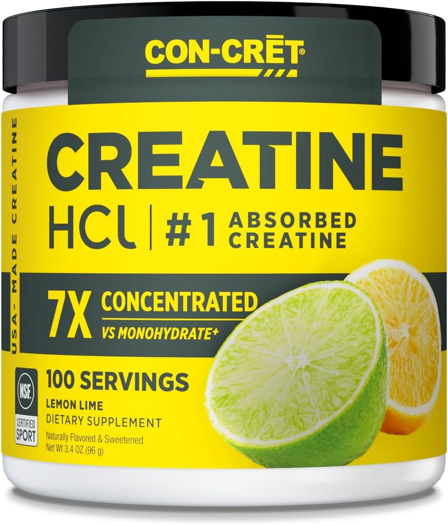 CON-CRET Creatine HCl Powder | 근육,인지, 세포 에너지 지원 | Bloating or Cramps | USA Made & NSF 인증 | 레몬 라임 (100 서빙)