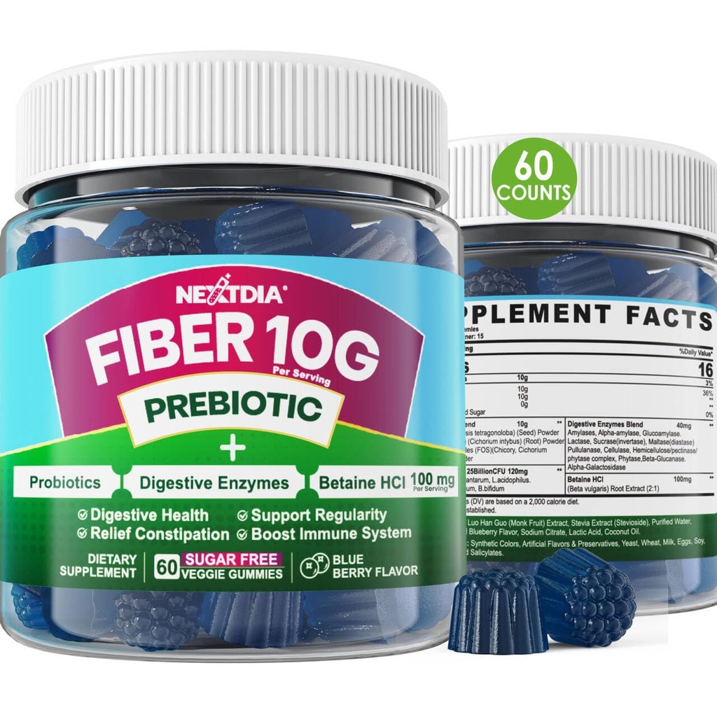 성인을 위한 섬유 Gummies, Digestive 효소를 가진 설탕 자유로운 10g Prebiotic 섬유 보충교재, Probiotics & Digestive & Gut 건강을 위한 100mg Betaine는 Bowel 운동, Vegan, 젤라틴, 60ct를 해방합니다