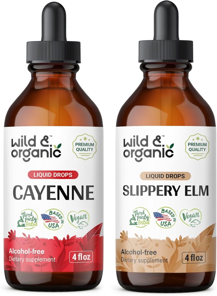 야생 & 유기 Cayenne Pepper Tincture 4 fl oz & Slippery Elm Tincture 4 fl oz