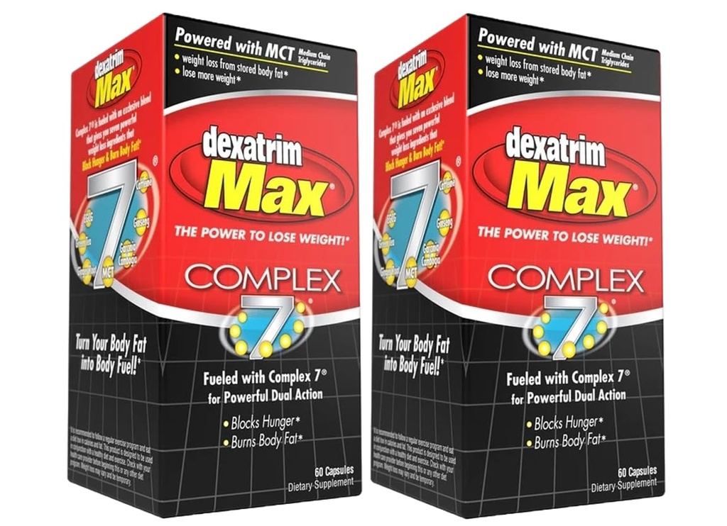 ILIOS Dexatrim Max Complex-7 | 다이어트 알약 체중 감량 - 7 강력한 성분 Hunger & Body Fat, Fat Burner 보충 교재, 남성 및 여성을위한 체중 감소 알약, 2 팩 w / 60 캡슐 각각