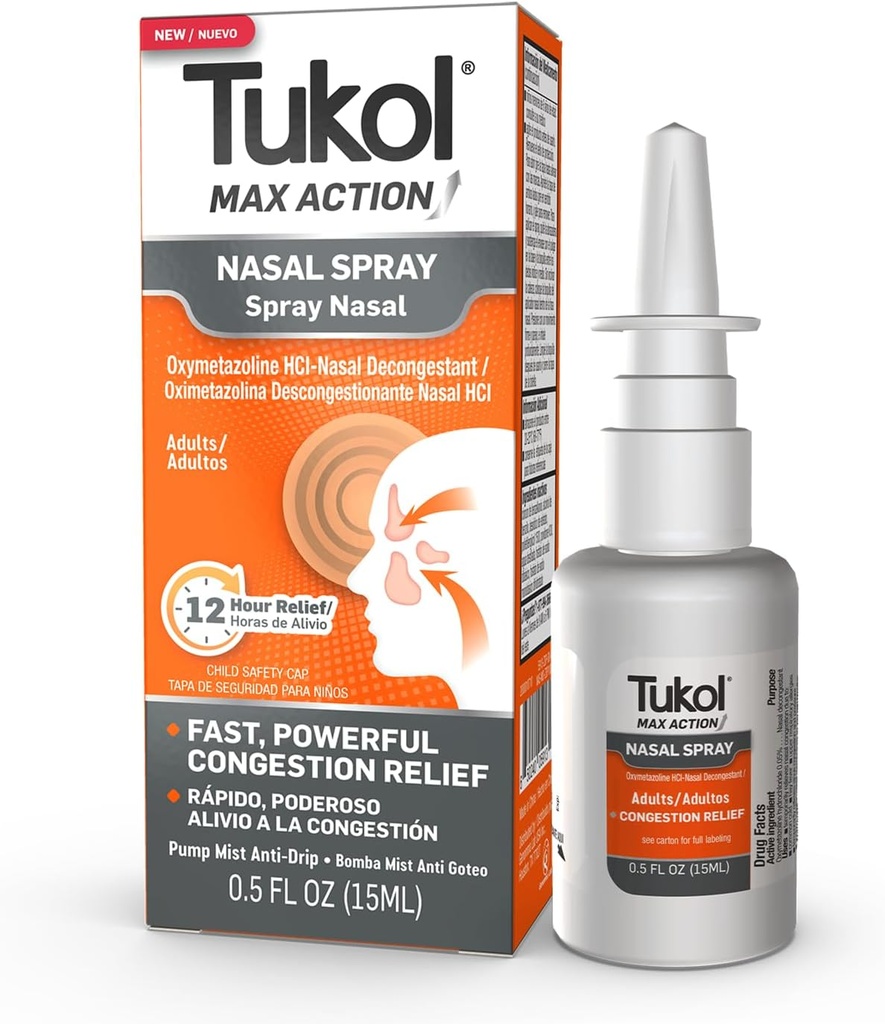 TUKOL 최대 활동 Nasal 살포, 성인을 위한 Oxymetazoline Nasal Decongestant 살포, 빠른 Stuffy Nose & Sinus Congestion 기복, 12-Hour Nose 살포 Decongestant, 0.5 fl oz