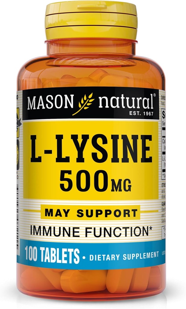 MASON NATURAL L-Lysine 칼슘 500 mg - 향상된 면역 기능, 향상된 영양 흡수, 필수 아미노산, 100 정제