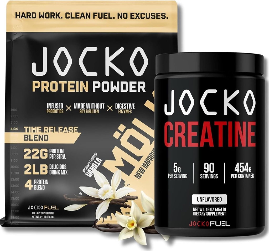 Jocko Fuel Bundle - Vanilla Mölk Protein Powder + Creatine Monohydrate Powder for Men & Women - Atheltic Performance, Recovery 및 근육 성장을위한 번들