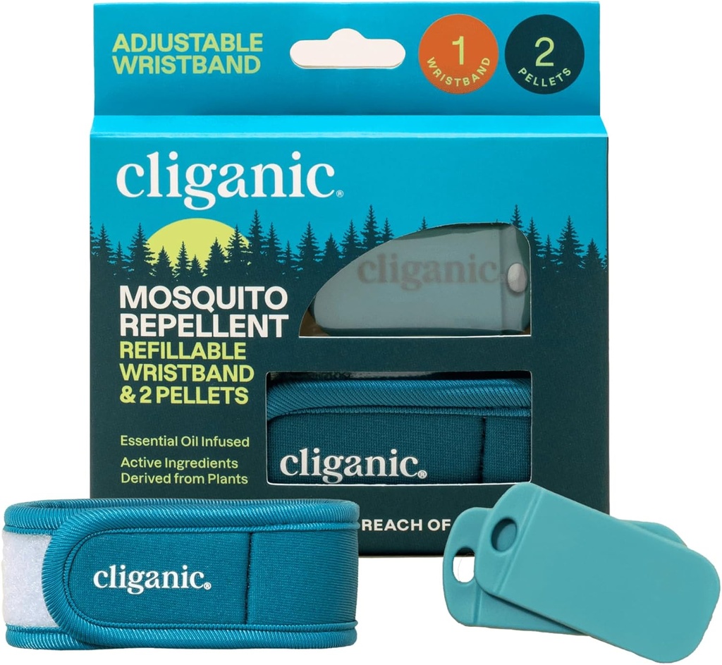Cliganic Mosquito Repellent 팩 (Wristband + 2 리필 펠릿) - 조절 가능, 천연 DEET-Free, 에센셜 오일 주입