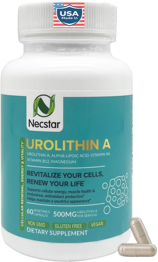 Necstar Urolithin A 보충교재 – 세포 에너지 & Mitochondrial 지원 – 알파 Lipoic 산과 더불어, 비타민 B6, B12 & 마그네슘 – 60 Vegan 캡슐, 글루텐 자유로운