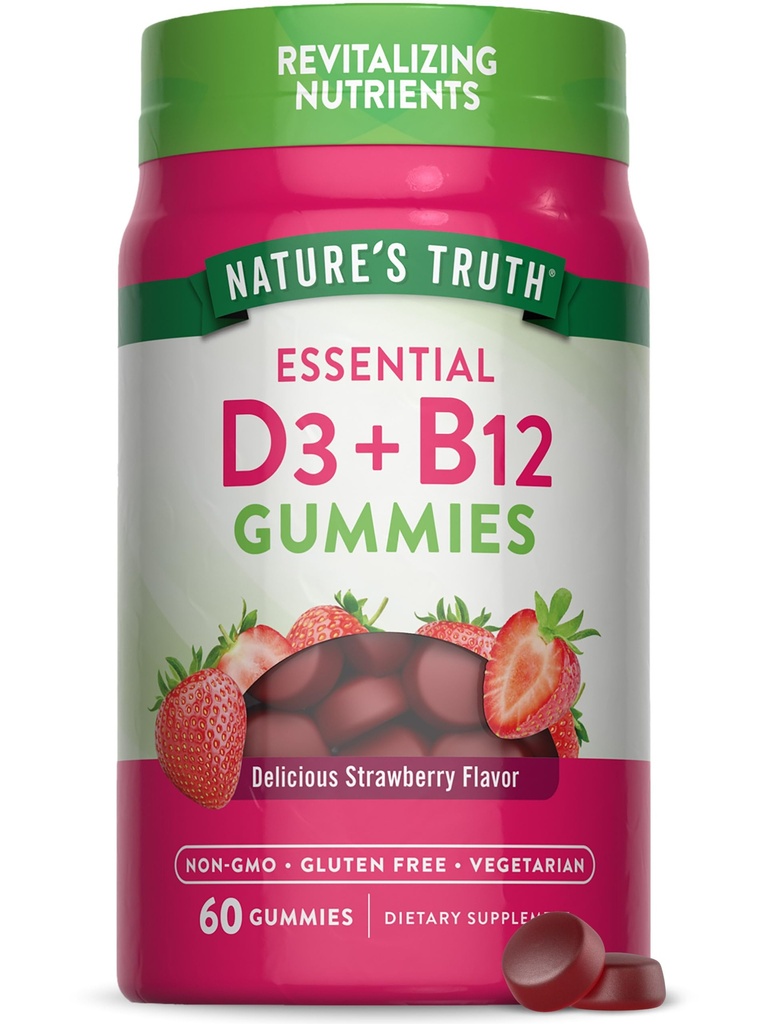 Nature's Truth Vitamin D3 및 B12 Gummies for Adults | 60 개 | 딸기 맛 | 채식, 비 GMO & 글루텐 무료 보충