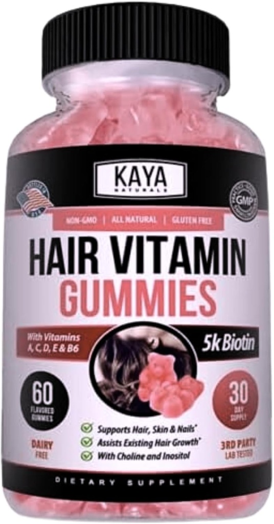 Kaya Naturals Hair Growth Gummies - 건강한 머리카락, 피부 및 손톱을위한 Biotin 5000mcg 비타민 - 여성 또는 남성을위한 뷰티 보충 - 60 카운트 - 블루 베리 풍미