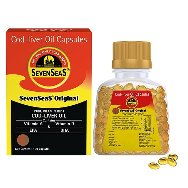 Seacod Cod liver 기름 캡슐, Omega-3 지방산, 비타민 A, 비타민 D 100 캡슐