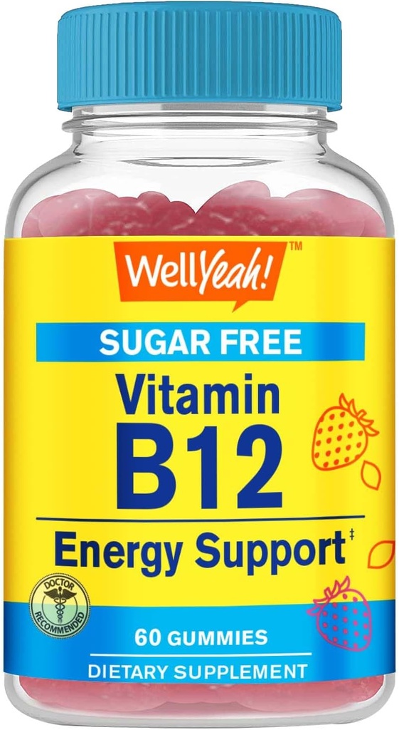 WellYeah Vitamin B12 1000mcg Sugar Free Gummies | 다이어트 보충 | 에너지 및 대사 지원 | 딸기 맛 | 60 개