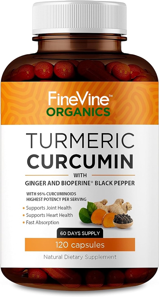 BioPerine Black Pepper 및 Ginger가있는 Turmeric Curcumin - 고급 흡수를위한 120 채식 캡슐, 관절 지원