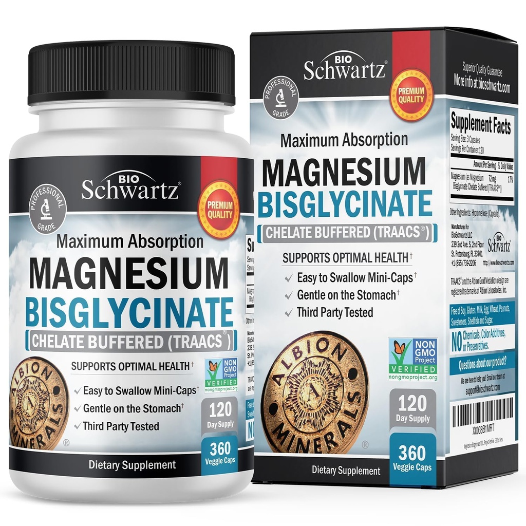 마그네슘 Bisglycinate Chelated 보충교재 - 근육을 위한 높은 흡수 마그네슘 보충교재, 뼈 & 합동 지원, 비 윤활제, 완전히, 비 GMO, 최대 생물 다양성 - 360의 캡슐