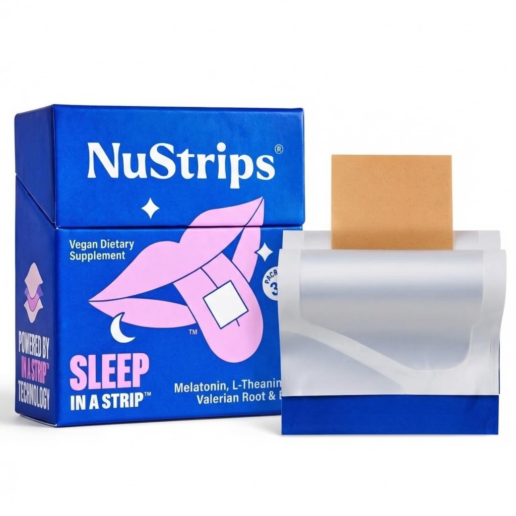 NuStripsTM 5mg Melatonin, Valerian Root, L-Theanine & Vitamin B6 - Blueberry flavor - Natural Sleep Aid, Vegan, Non-GMO, Gluten Free - Fall Asleep Fast (30 스트립)