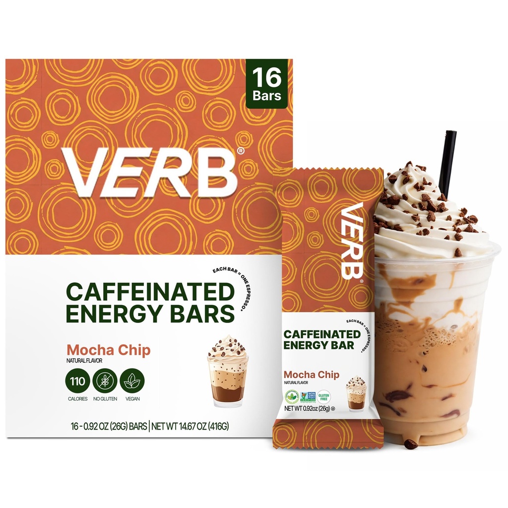 Verb Caffeinated Energy Bar Mocha 칩 (26g, 16 팩) 110-Calorie Delicious Low Sugar Energy Bar - Vegan Gluten 80mg Green Tea Caffeine과 함께 무료 On-the Go Snack 만 Real-Food 재료