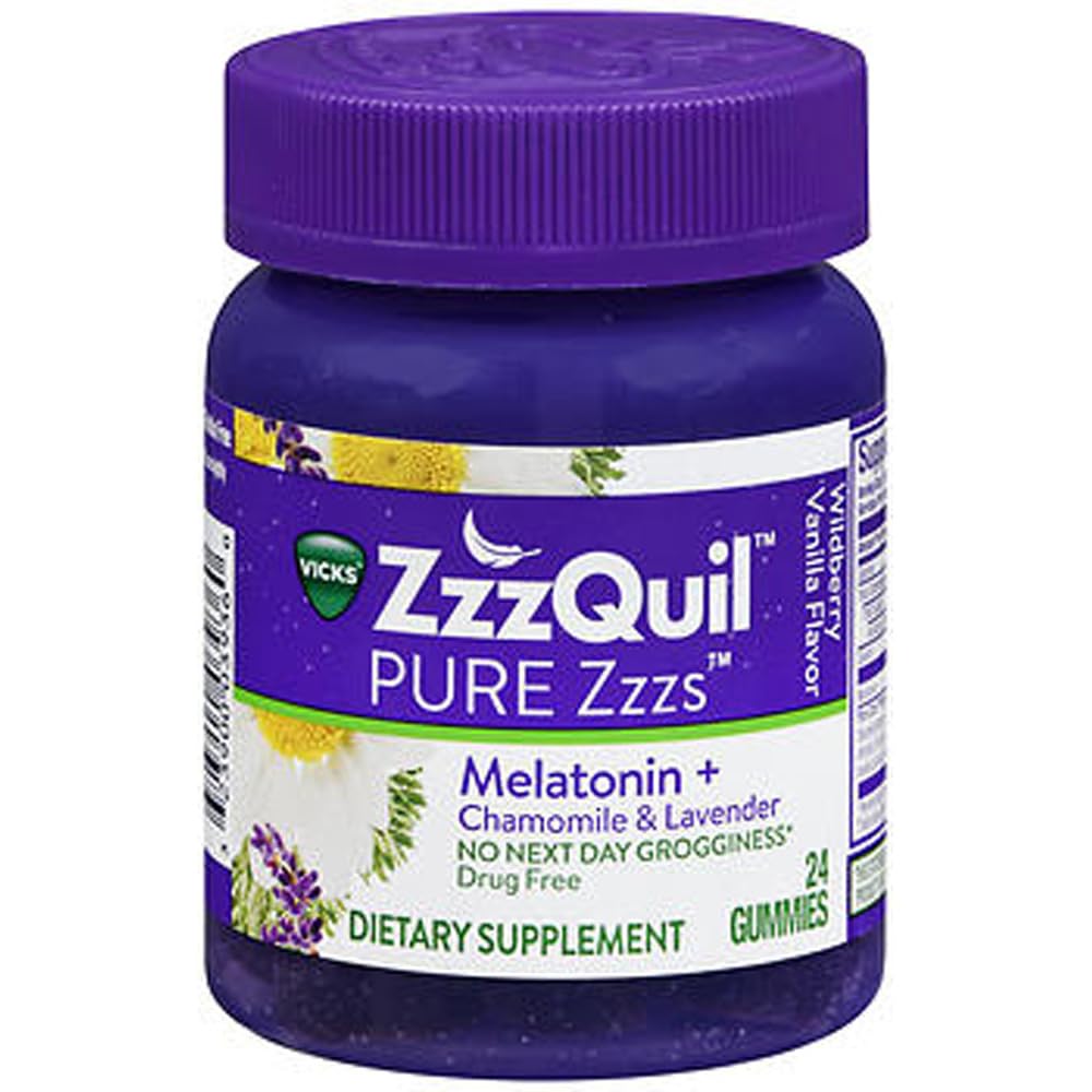 ZzzQuil 순수한 Zzzs Melatonin Gummies, Sleep Aid, Melatonin 2mg, Chamomile & Lavender, Melatonin Sleep Gummies, 성인을위한 수면 보조, Wildberry Vanilla 맛, 24 수면 Gummies