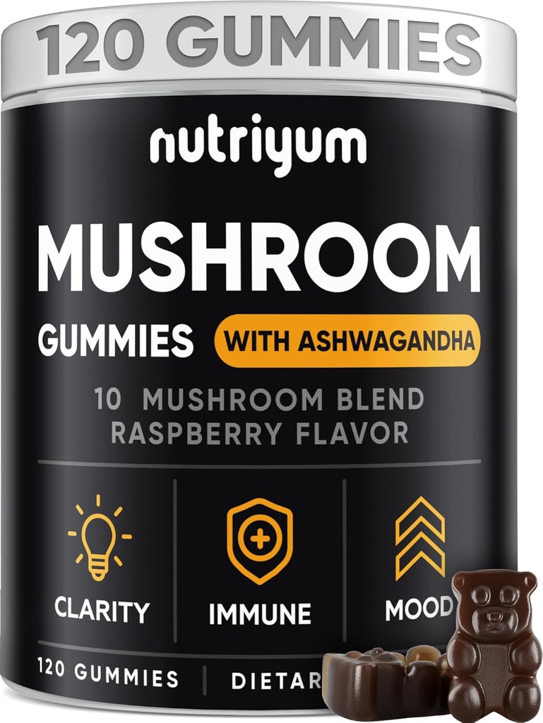 버섯 Gummies 10 혼합 120 PC - 사자 Mane, Ashwagandha, 터키 꼬리, Cordyceps, Chaga, Reishi Mushroom Complex - 면역, 에너지, Clarity & Cognitive를 위한 버섯 보충교재