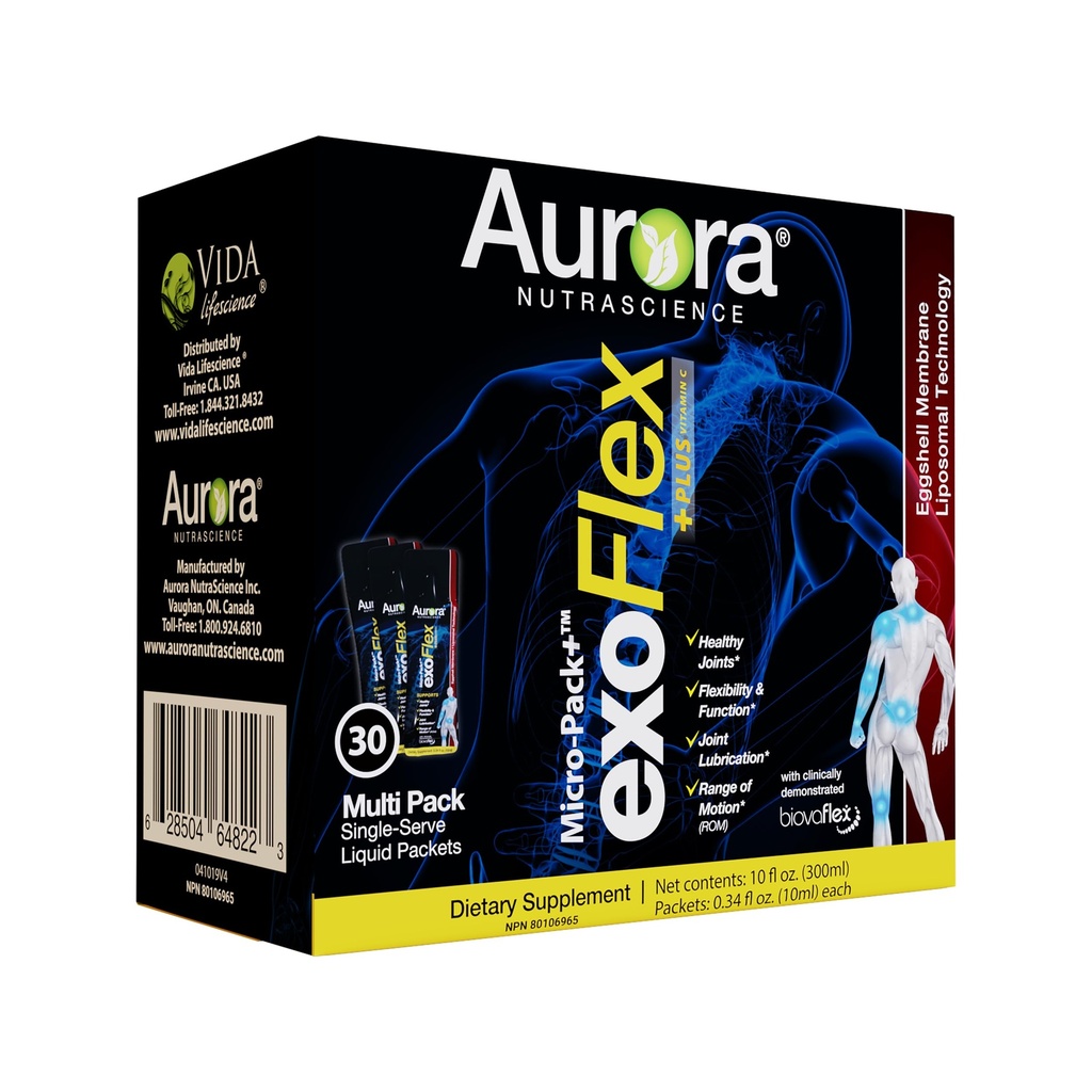 비타민 C를 가진 오로라 Nutrascience 마이크로 팩 Liposomal exoFlex+는, 합동 융통성 & 기능, BiovaFlex 계란 포탄 막, Curcumin & Boswellia, Strwaberry 풍미, 30의 단 하나 Serve 소포를 지원합니다