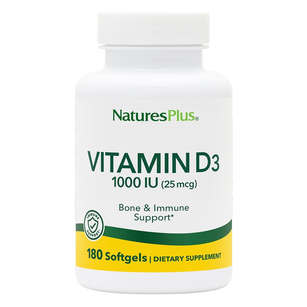 Nature Plus Vitamin D3 (Cholecalciferol) - 1000 iu, 180 Softgels - 건강한 Bones & Immune 시스템 지원을위한 영양 지원 - Bioavailable Active Form - 글루텐 프리 - 180 서빙