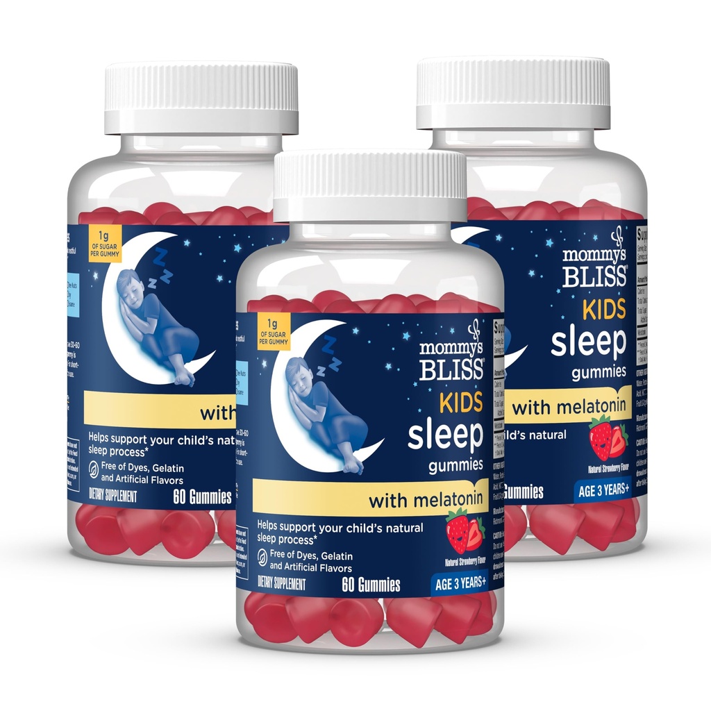 Melatonin을 가진 Mommy's Bliss Kids Sleep Gummies는, 당신의 자연적인 수면 과정, 성인에 나이 3 년, 딸기 풍미, 설탕의 1G, 60의 Gummies (포장 3)를 지원합니다
