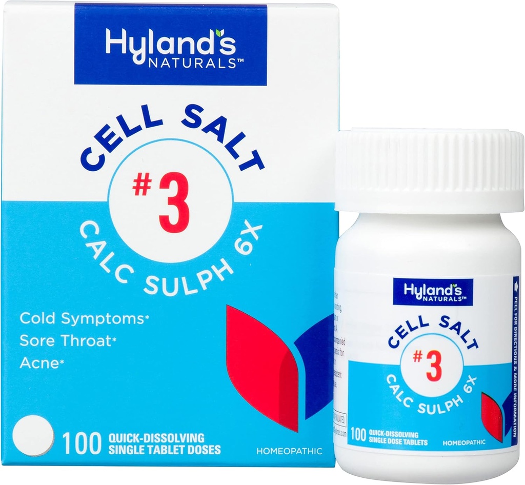 Hyland의 세포 소금 아니오 3 Calc Sulph 6X 정제, 찬 기복, 찬의 자연적인 Homeopathic 기복, Sore Throat, 여드름, 빠른 용해 정제, 100 조사