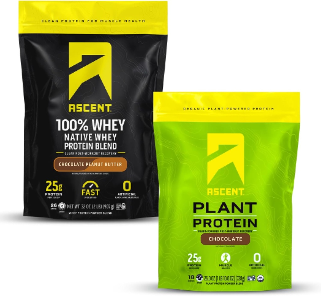Ascent Whey + Plant Protein Powder - 초콜릿 땅콩 버터 2 파운드 & 초콜릿 18 서빙