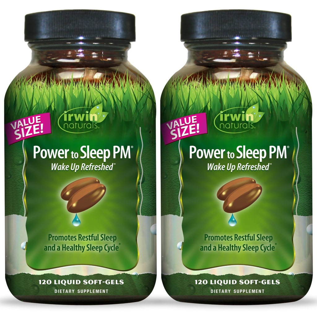 Irwin Naturals Power to Sleep PM - 120 액체 소프트 젤, 2 팩 - Melatonin, GABA, Ashwagandha, Valerian Root & L-Theanine - 120 총 서빙