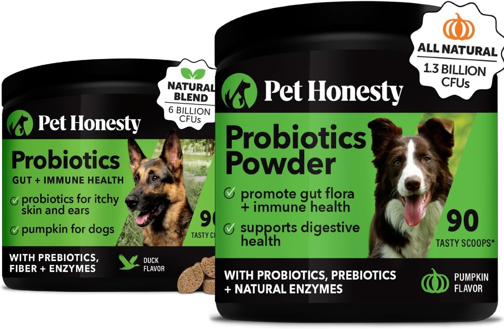Probiotics 번들 : Diarrhea & Bowel Support Chews 및 Gut Health 용 Digestive Enzymes와 분말을위한 개 프로바이오틱스 (Duck 90 ct)