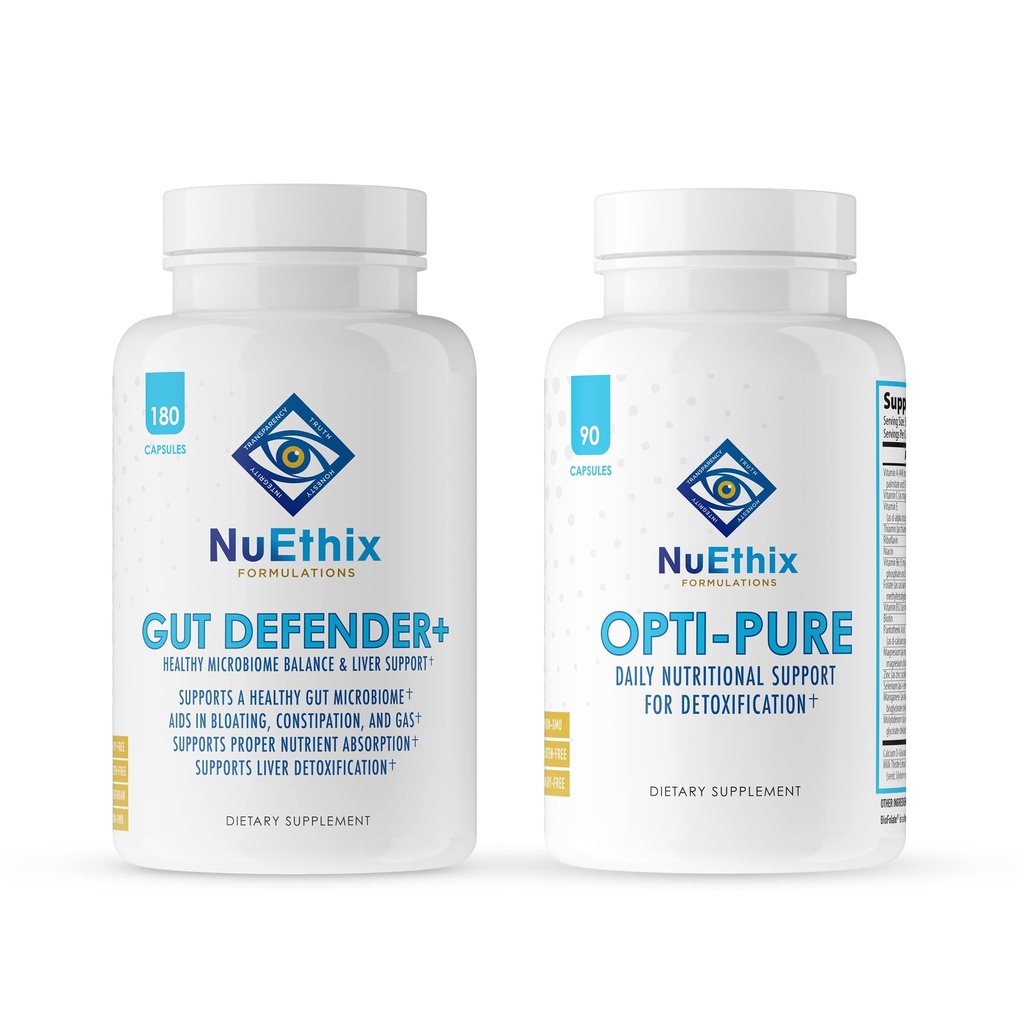 NuEthix Formulations Detoxification and Microbiome Balance Supplement Bundle of Opti-Pure, 30 서빙 및 Gut Defender+, 90 서빙