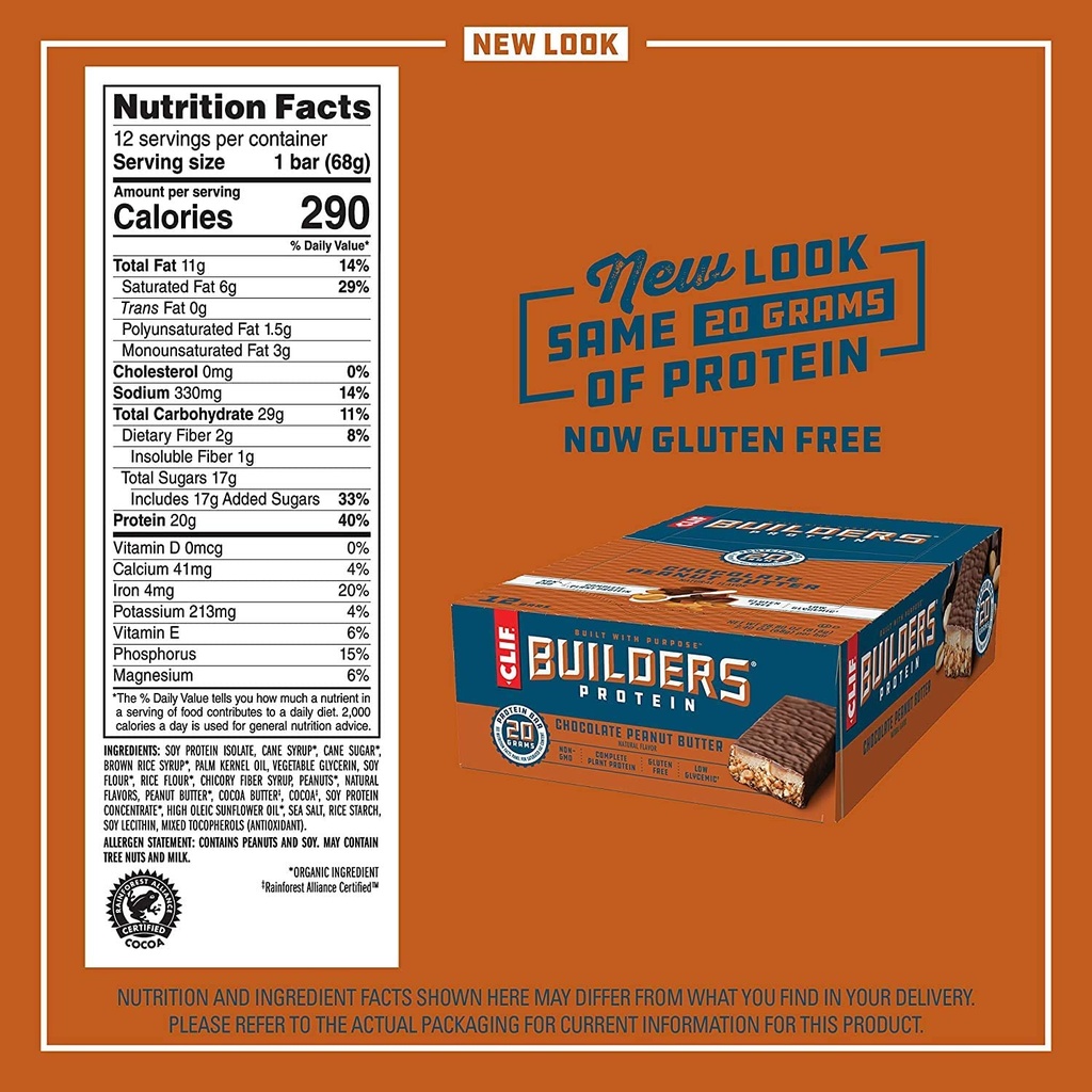 CLIF BUILDERS - Protein Bar - 초콜릿 땅콩 버터 맛 - 20g Protein (2.4 Ounce, 12 Count) (이제 글루텐 무료)