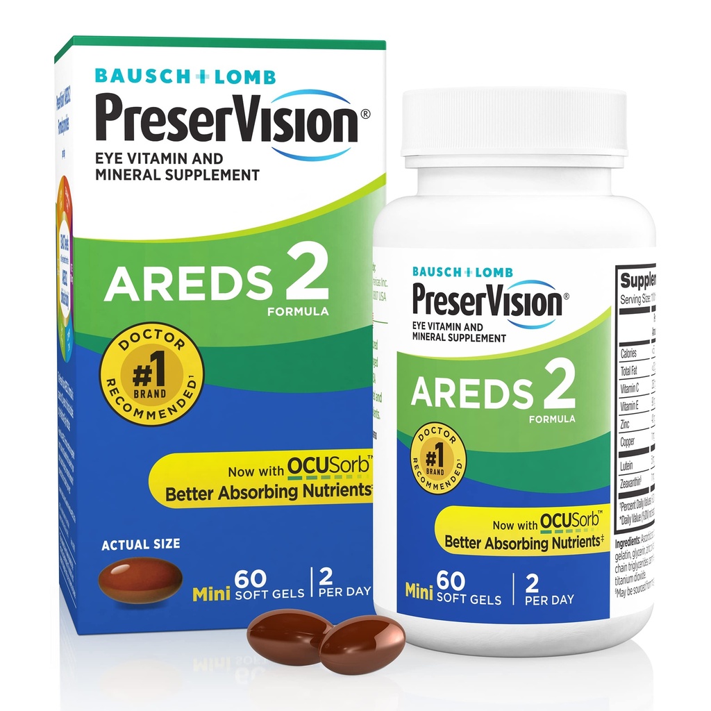 PreserVision는 비타민 C, 비타민 E, 아연 및 구리, 60 Softgels (Minigels)를 가진 2개의 눈 비타민, #1개의 눈 의사 추천된 상표, Lutein 및 Zeaxanthin 보충교재입니다