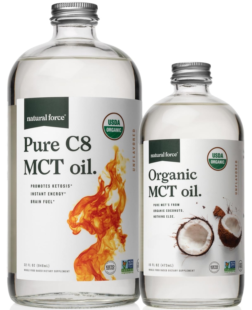 자연적인 힘 유기 순수한 C8 + 유기 가득 차있는 스펙트럼 MCT 오일 - USDA 유기, 비 GMO, 100 % 순수 코코넛 MCT - Keto, Paleo, Vegan 및 Kosher - 32 Oz & 16 Oz 유리 병