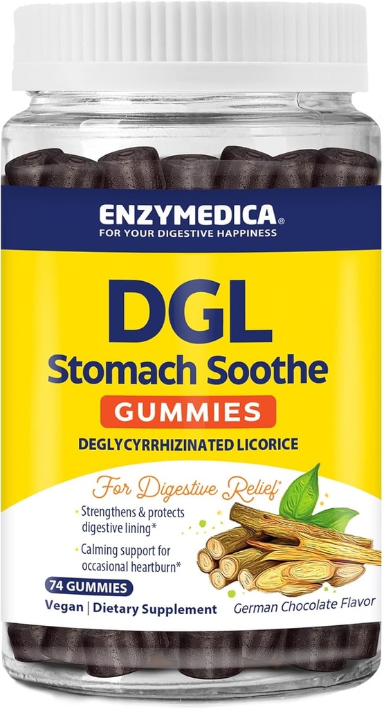 Enzymedica, DGL Stomach Soothe, Deglycyrrhizinated Licorice Gummies 소화 지원 및 Gut 건강, 초콜릿, 74 조사