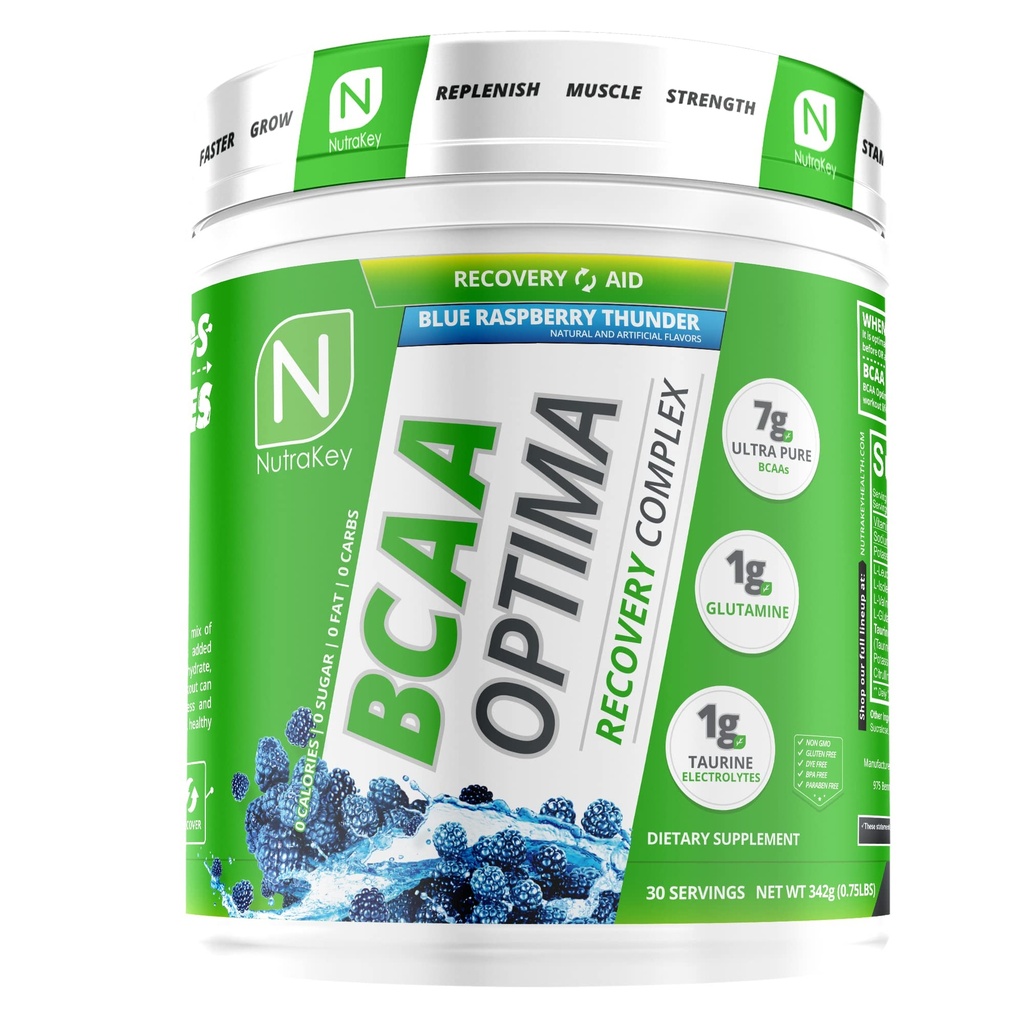 NutraKey BCAA Optima 포스트 운동 회복 단지, 설탕 없음, 캐비티 없음, 회복 보조, 블루 라즈베리