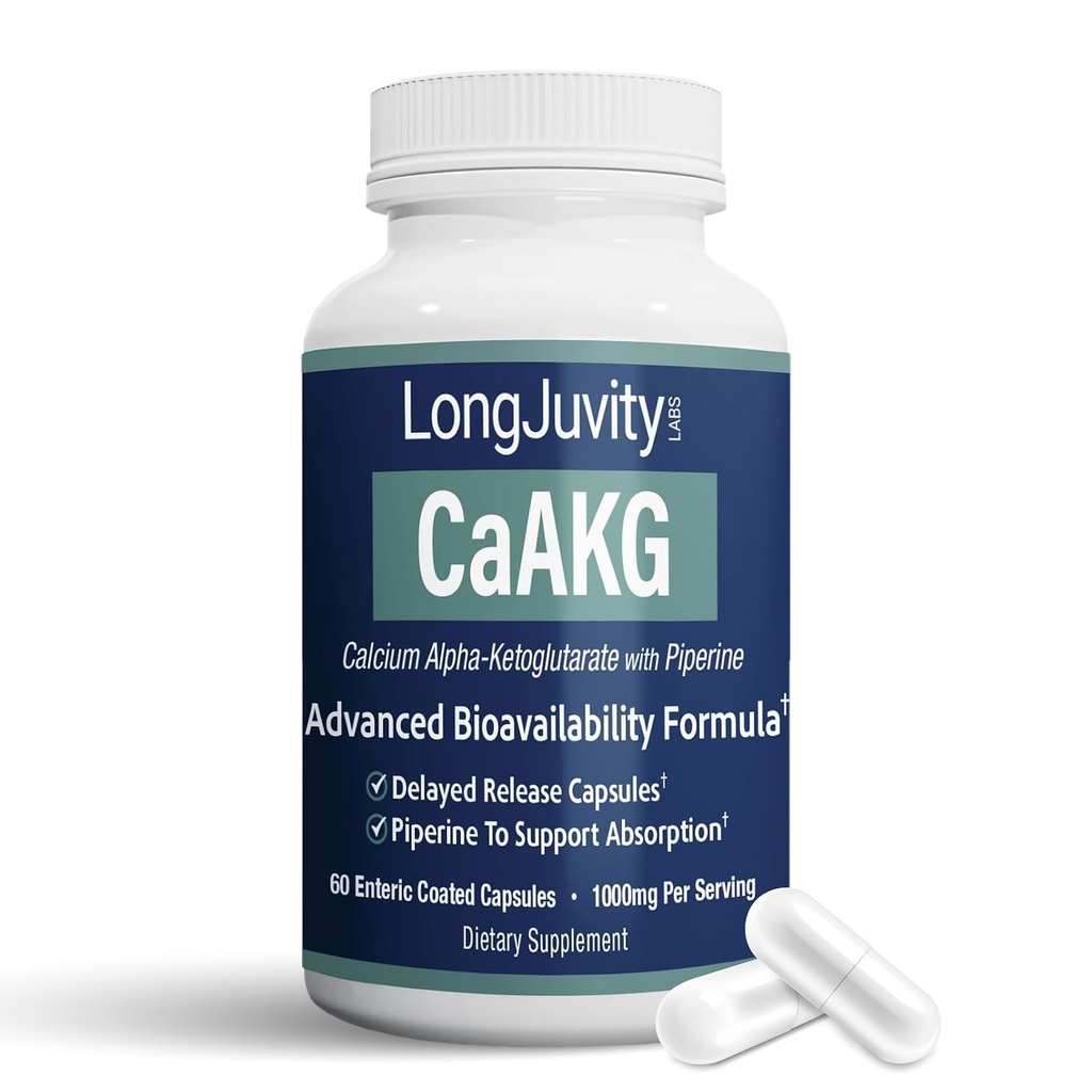 LongJuvity 칼슘 알파 Ketoglutarate 시간 방출 AKG 보충교재 (섭씨 당 1,000mg) - Gut Heath, 뼈 건강, 노화 방지 & Longevity - 자주적으로 실험실은 (60의 Enteric 입히는 캡슐)를 시험했습니다