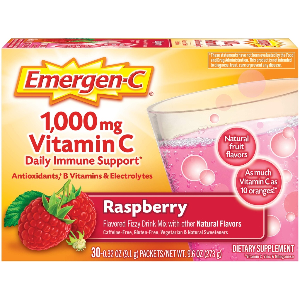 Emergen-C 1000mg 비타민 C 면역 지원 분말 라즈베리 30CT 포함 아연, 망간, 7 B 비타민 및 전해질 학교 에센셜