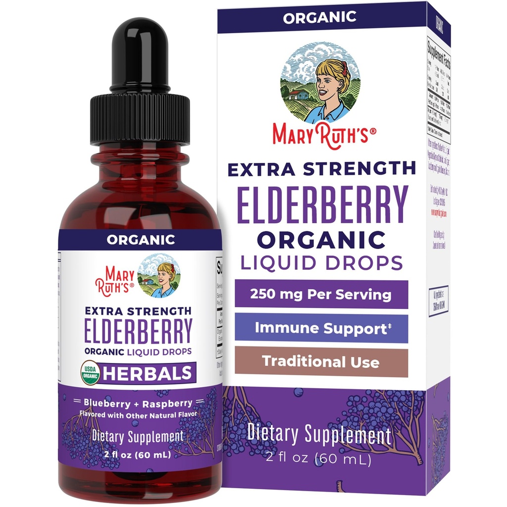 MaryRuth Organics Elderberry Syrup Extra Strength, USDA Organic Elderberry, Sugar Free Adults & Kids Immune Support Supplement for Ages 1+, Clean Label Project Verified®, Vegan, 글루텐 무료, 2 Fl Oz
