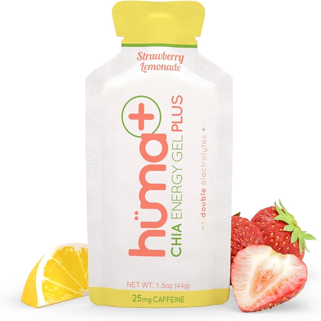 Huma Plus (Double Electrolytes) - Chia Energy Gel, Strawberry Lemonade, 24 젤, 25mg 카페인 - Stomach Friendly, Real Food Energy Gel