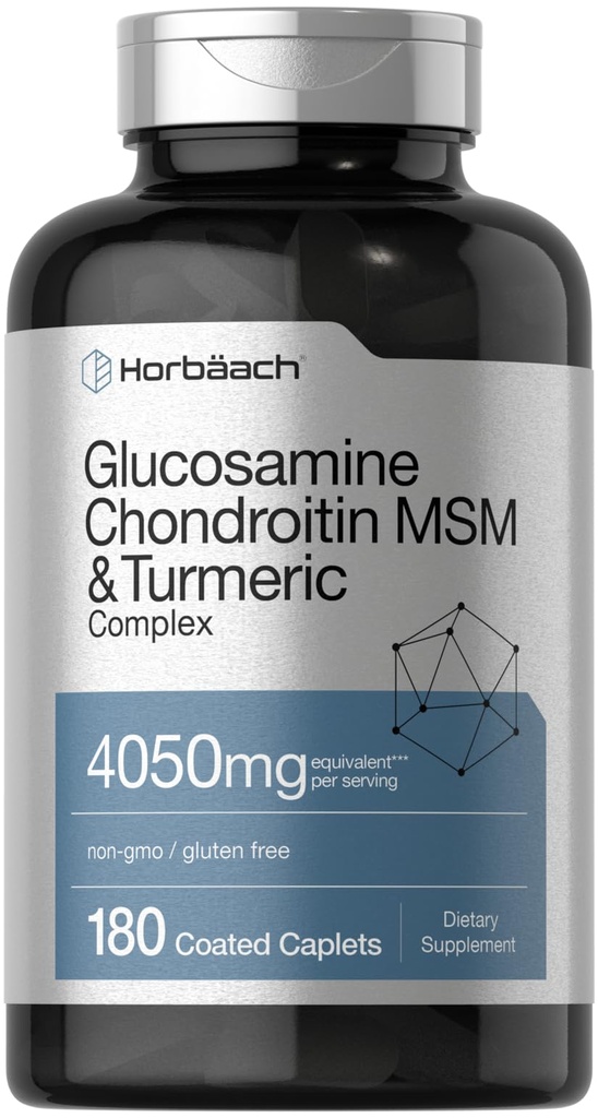Horbäach Glucosamine Chondroitin MSM | 4050 mg | 180 Caplets | 심황 | Triple Strength Formula | Non-GMO & 글루텐 무료 보충