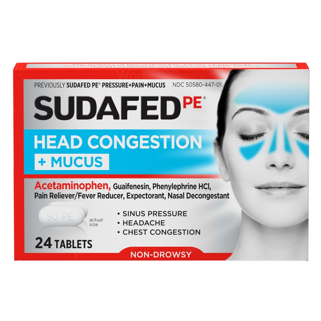 Sudafed PE 머리 혼잡 + Sinus 압력을 위한 Mucus 기복 정제, 혼잡, & 두통, Acetaminophen, Guaifenesin & Phenylephrine HCI, 24의 ct를 가진 비 Drowsy Decongestant